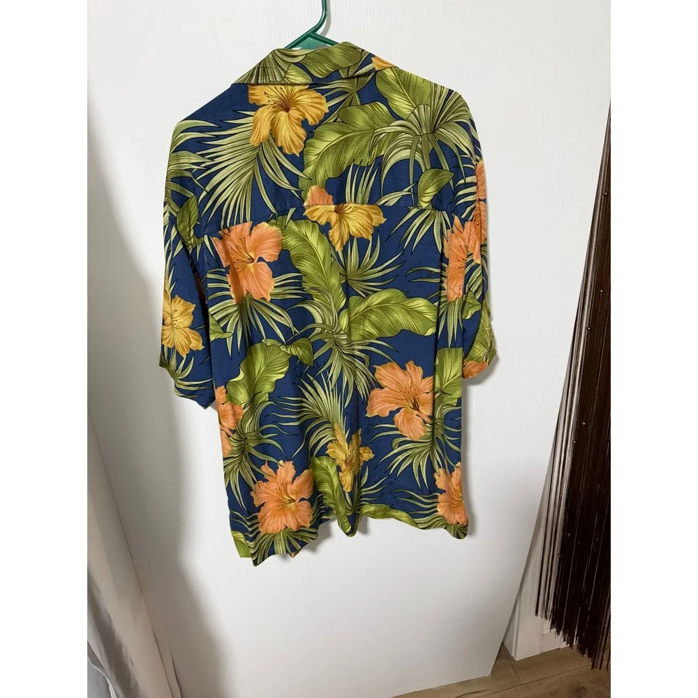 Bermuda Bay Mens XL Silk Hawaiian Shirt Floral Hibiscus Palm Leaf Navy Orange - Picture 3 of 5